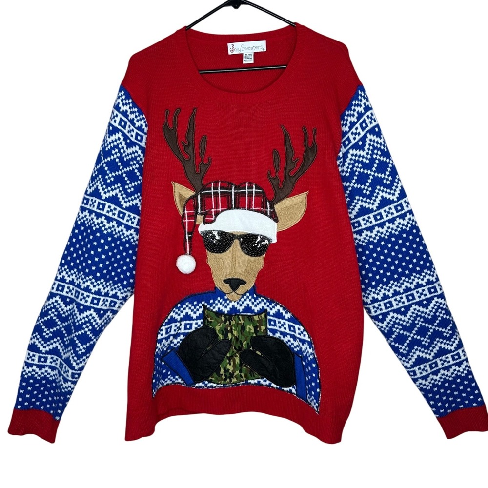 Jolly Sweaters Ugly Christmas Red Sweater Reindeer Deer Camo Beer Pocket Men‎ XL